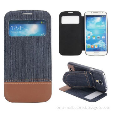 Mix Color Jeans Cloth Texture With Holder and Caller ID Window Leather Case For Samsung Galaxy S4 i9500 i9505 i9508